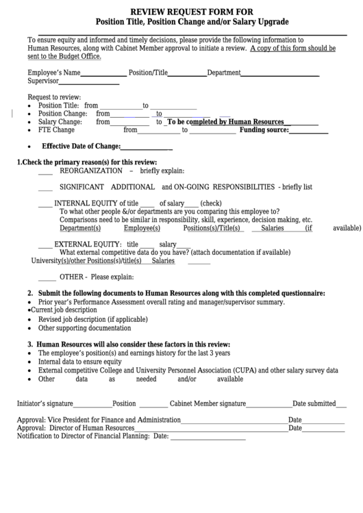 Review Request Form For Position Title, Position Change And/or Salary Upgrade Template Printable pdf