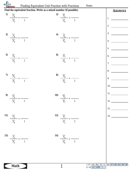 Finding Equivalent Unit Fraction With Fractions Worksheet Template With Answer Key Printable pdf