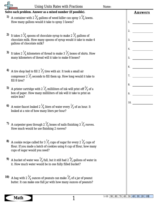 Using Units Rates With Fractions Worksheet Template With Answer Key Printable pdf