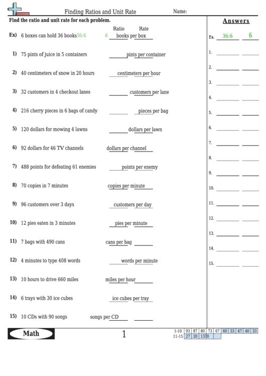 Finding Ratios And Unit Rate Worksheet Template With Answer Key 