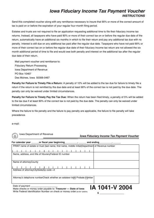Form Ia 1041-V - Iowa Fiduciary Income Tax Payment Voucher - 2004 Printable pdf