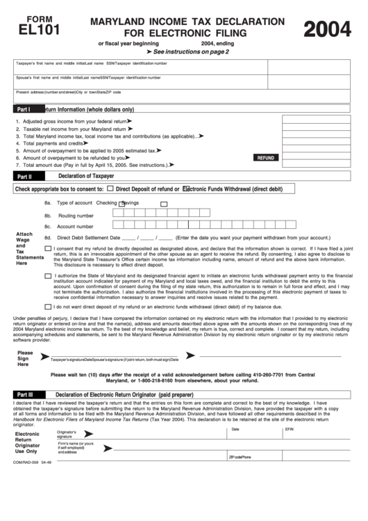 Fillable Form El101 - Maryland Income Tax Declaration For Electronic Filing - 2004 Printable pdf