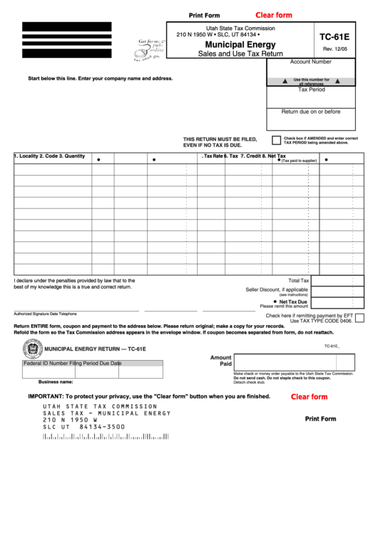 Fillable Form Tc-61e - Municipal Energy - Sales And Use Tax Return - Utah State Tax Commission Printable pdf
