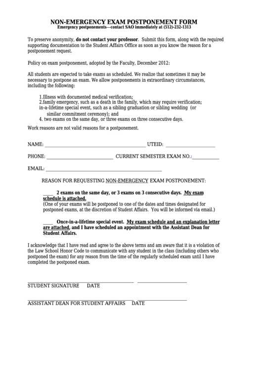 Fillable Non-Emergency Exam Postponement Form Printable pdf