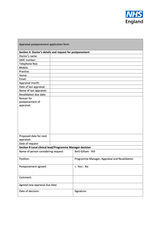 Appraisal Postponement Application Form Printable pdf