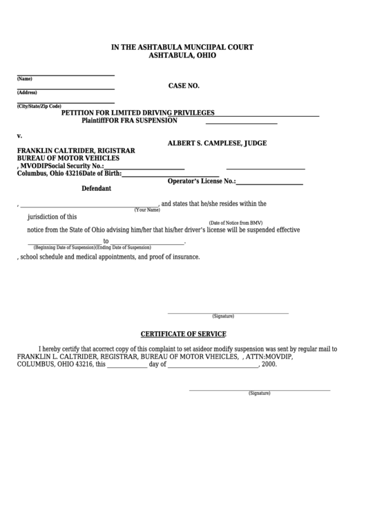 Petition For Limited Driving Privileges For Fra Suspension Form - Ashtabula Municipial Court Printable pdf
