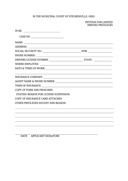 Petition For Limited Driving Privileges Form - Municipial Court Of Steubenville Printable pdf