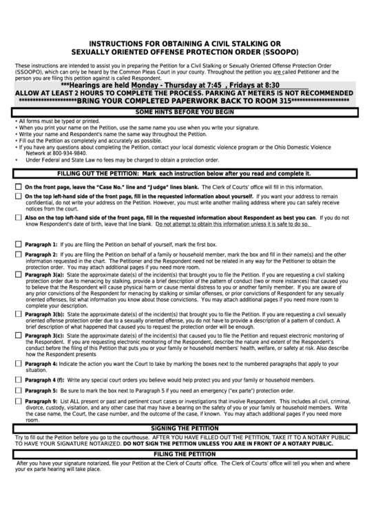 Instructions For Obtaining A Civil Stalking Or Sexually Oriented Offense Protection Order Form Printable pdf