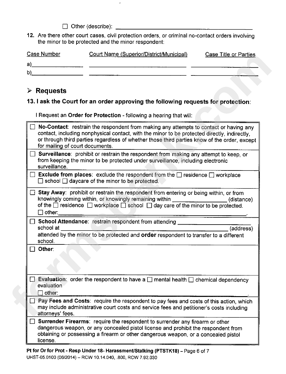 Petition For Order For Protection Respondent Under Age 18 Form - Poulsbro Municipial Court