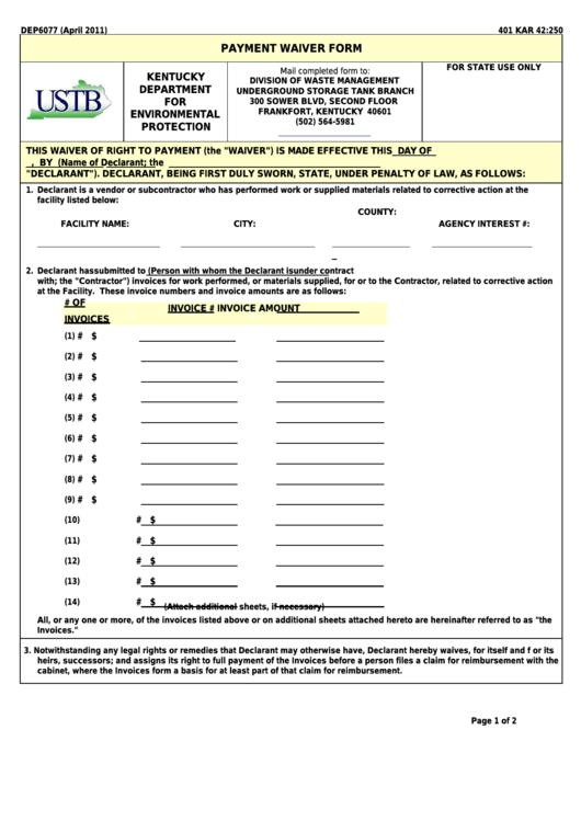 Form Dep6077 - Payment Waiver Form Printable pdf