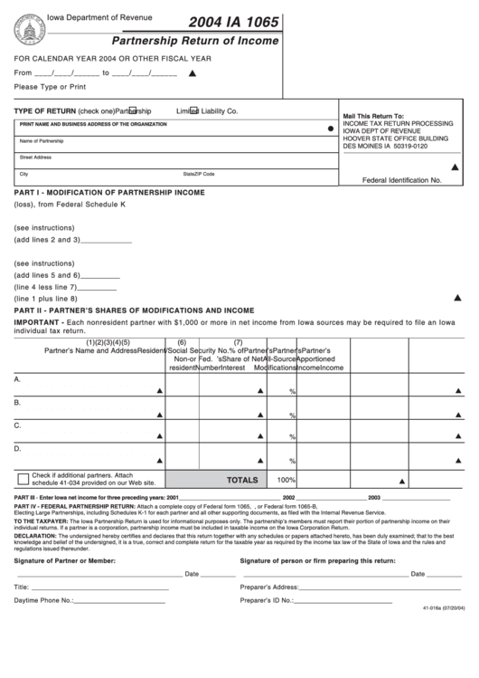 Form Ia 1065 - Partnership Return Of Income - Iowa Department Of Revenue - 2004 Printable pdf