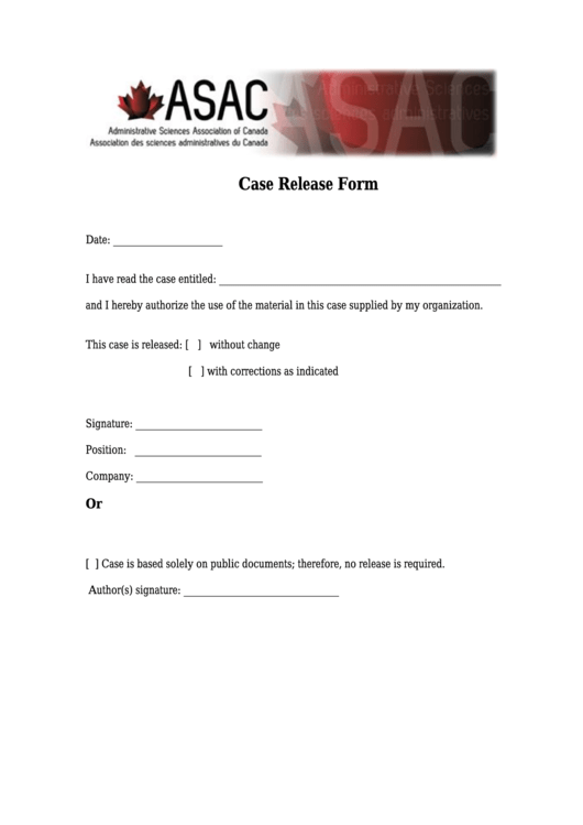 Case Release Form Printable pdf