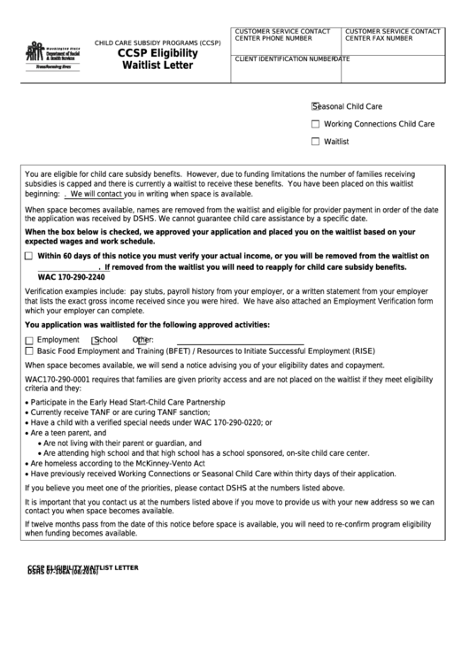 Form Dshs 07-106a - Ccsp Eligibility Waitlist Letter Printable pdf
