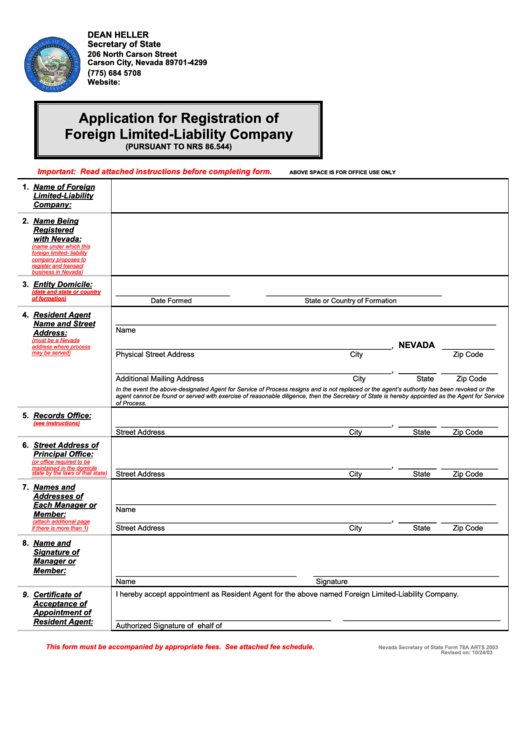 Form 78a - Application For Registration Of Foreign Limited-Liability Company - Nevada Secretary Of State - 2003 Printable pdf