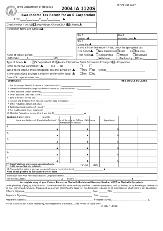 Form Ia 1120s - Iowa Income Tax Return For An S Corporation - Department Of Revenue - 2004 Printable pdf