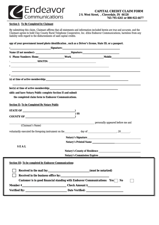 Capital Credit Claim Form Printable pdf
