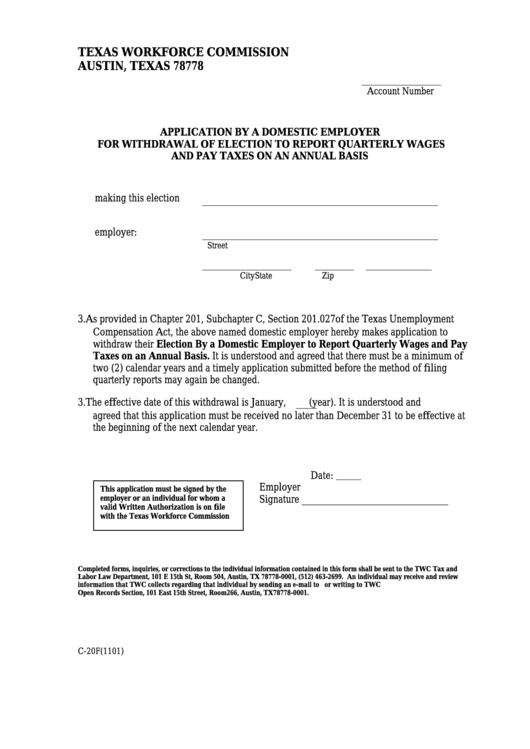 Form C-20f -Application By A Domestic Employer - Texas Workforce Commission Printable pdf