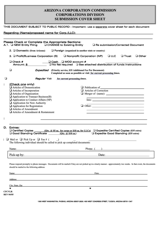 Form Cfvlr - Submission Cover Sheet - Arizona Corporation Commission - 2005 Printable pdf