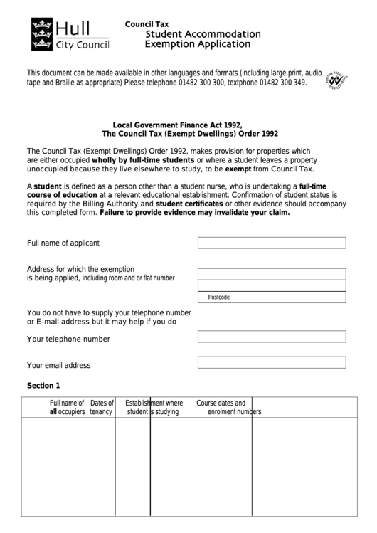 Student Accommodation Exemption Application Form - Council Tax Printable pdf