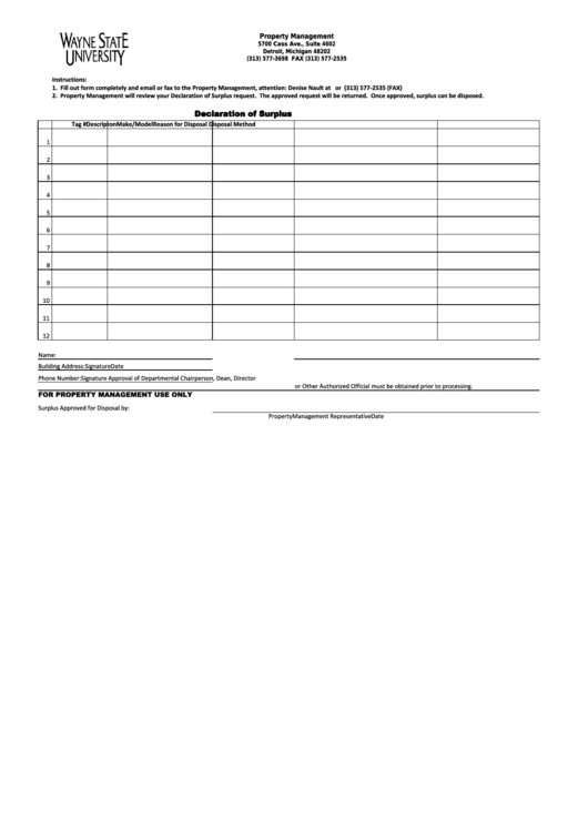 Fillable Declaration Of Surplus Form Printable pdf