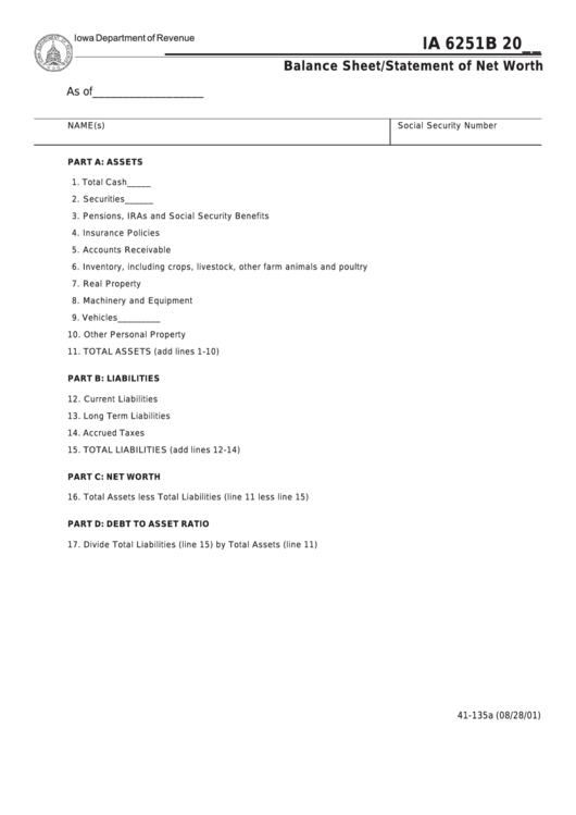 Form Ia 6251b - Balance Sheet/statement Of Net Worth - Iowa Department Of Revenue Printable pdf