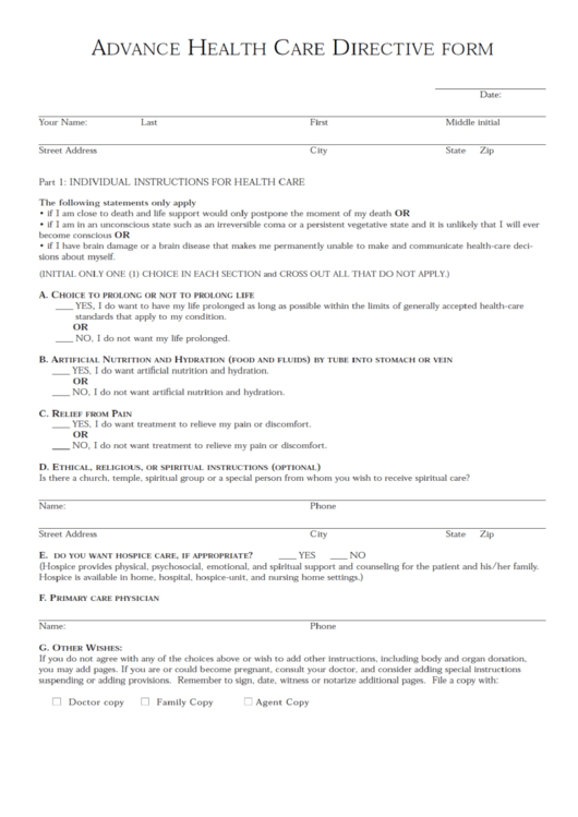 Advance Health Care Directive Form Printable pdf