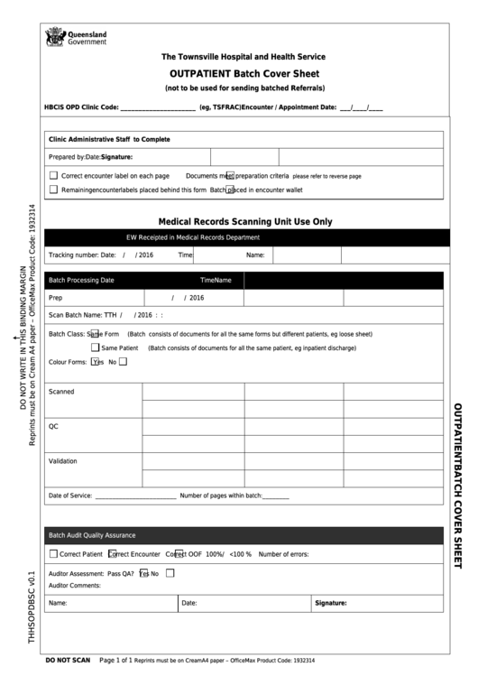 Outpatient Batch Cover Sheet - The Townsville Hospital And Health Service Printable pdf