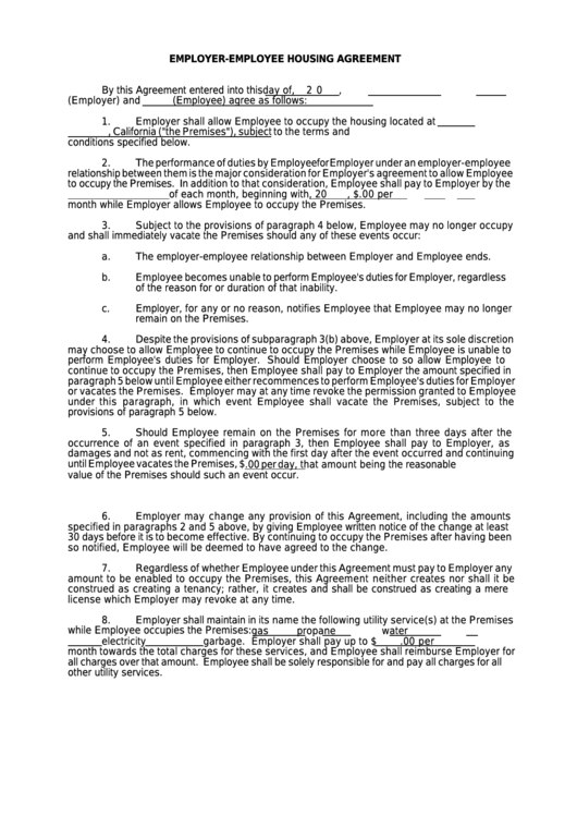 Employer-Employee Housing Agreement Printable pdf