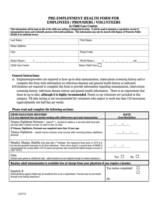 Pre-Employment Health Form For Employees/providers/volunteers In Child Care Centers Printable pdf