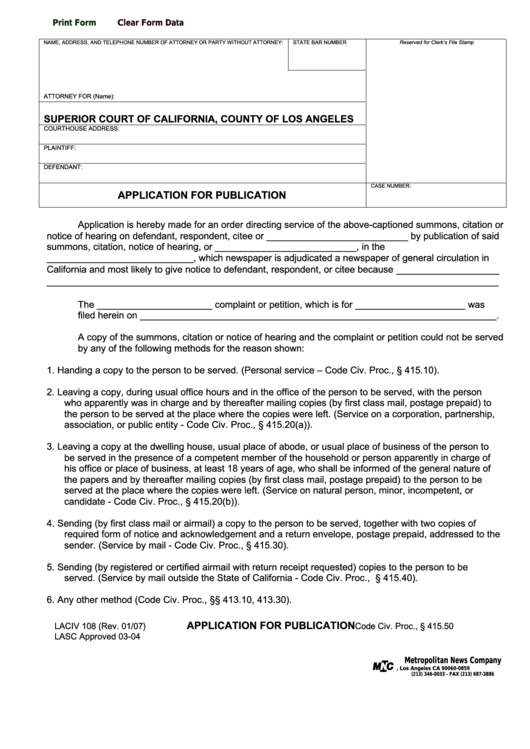 Fillable Form Laciv 108 - Application For Publication - Superior Court Of California, Coutry Of Los Angeles Printable pdf