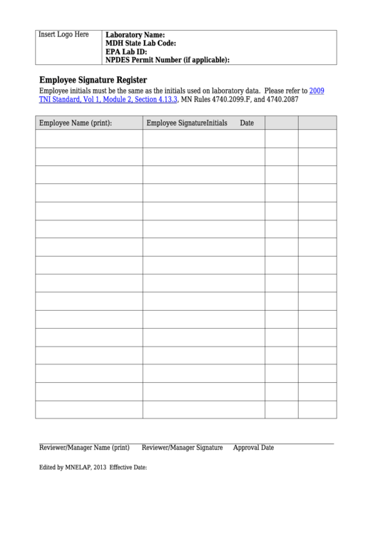 Employee Signature Register Printable pdf