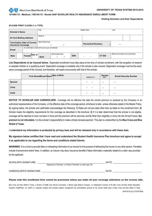 Form Ahp-Ef2 - Gap Scholar Health Insurance Enrollment Form - Bcbs Form Printable pdf