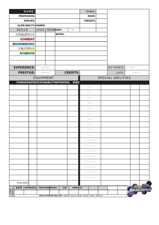 Battlestations Character Sheet Printable pdf
