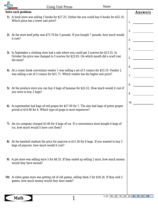 Using Unit Prices Worksheet Template With Answer Key