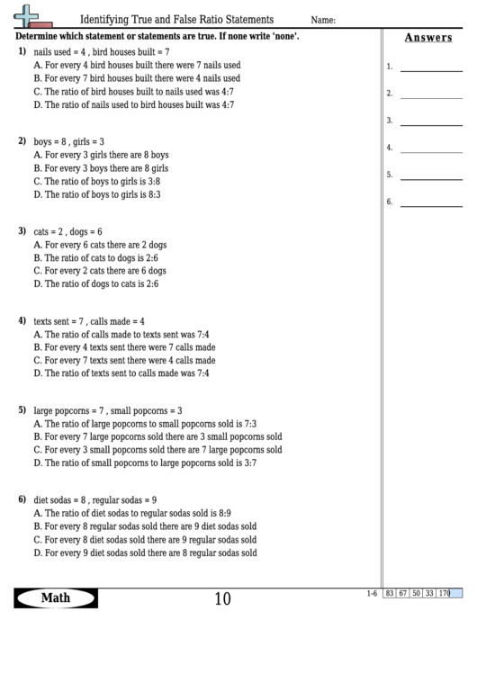 Identifying True And False Ratio Statements Worksheet Template With Answer Key Printable pdf