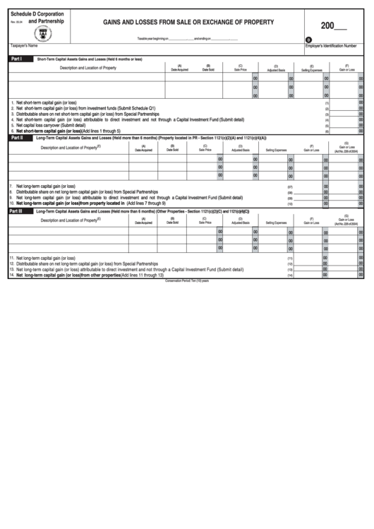 Schedule D - Gains And Losses From Sale Or Exchange Of Property - Estado Libre Asociado De Puerto Rico Printable pdf