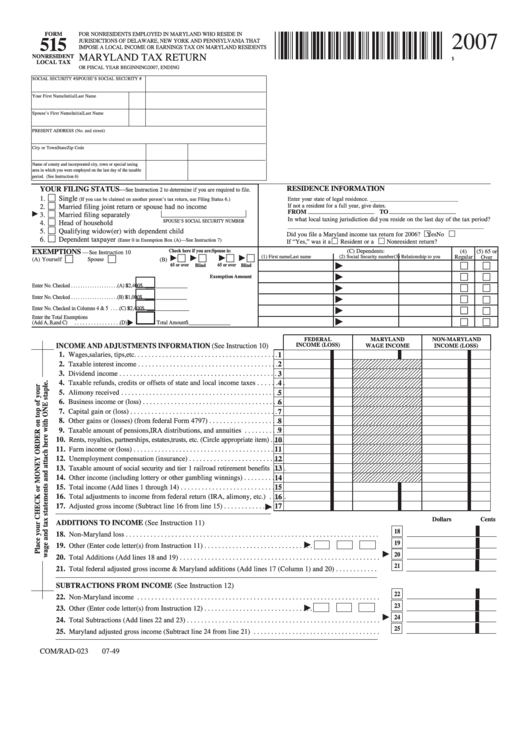 Fillable Form 515 - Maryland Tax Return - 2007 Printable pdf