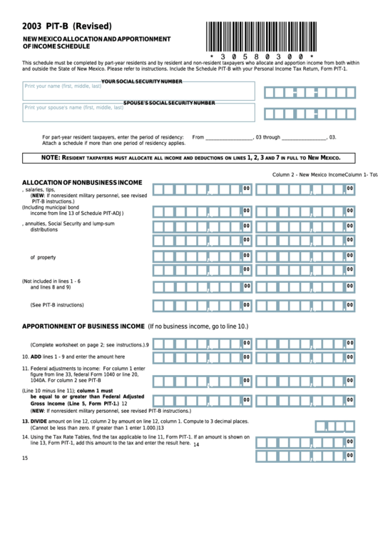 Form Pit-B - New Mexico Allocation And Apportionment Of Income Schedule - 2003 Printable pdf