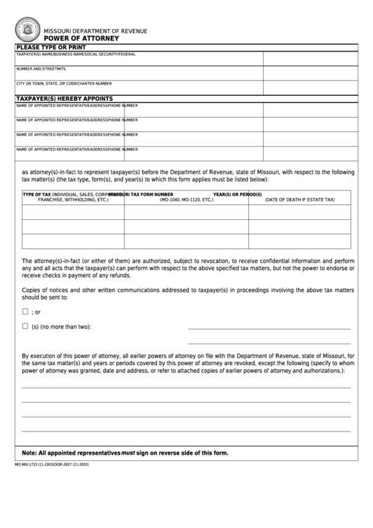 Fillable Form Mo 860-1723 - Power Of Attorney - Missouri Department Of Revenue - 2003 Printable pdf