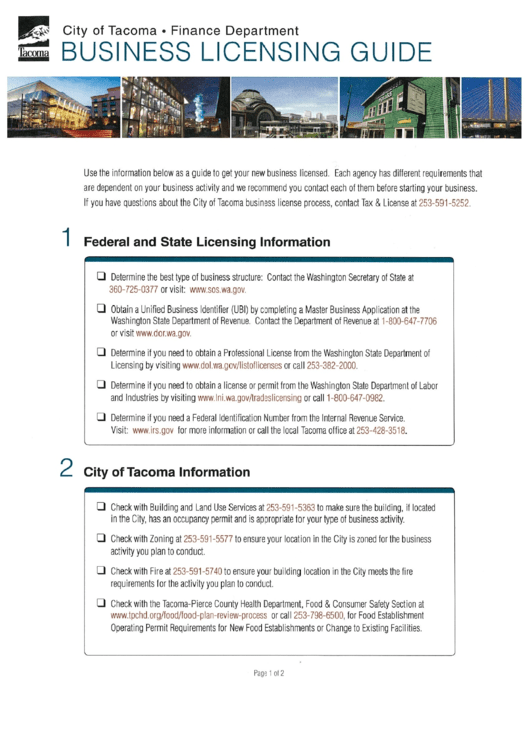 Business Licensing Guide - City Of Tacoma Finance Department - State Of Washington Printable pdf
