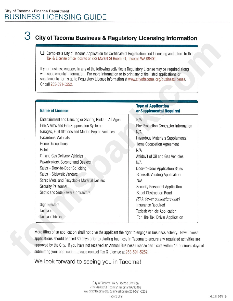 Business Licensing Guide - City Of Tacoma Finance Department - State Of Washington