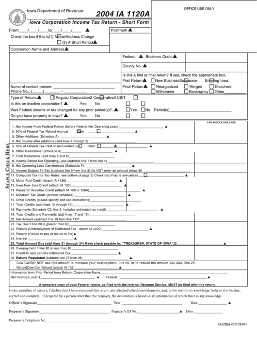 Form Ia 1120a - Iowa Corporation Income Tax Return - Short Form - 2004 ...