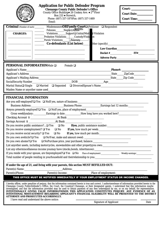 Application For Public Defender Program Form - Chenango County Printable pdf