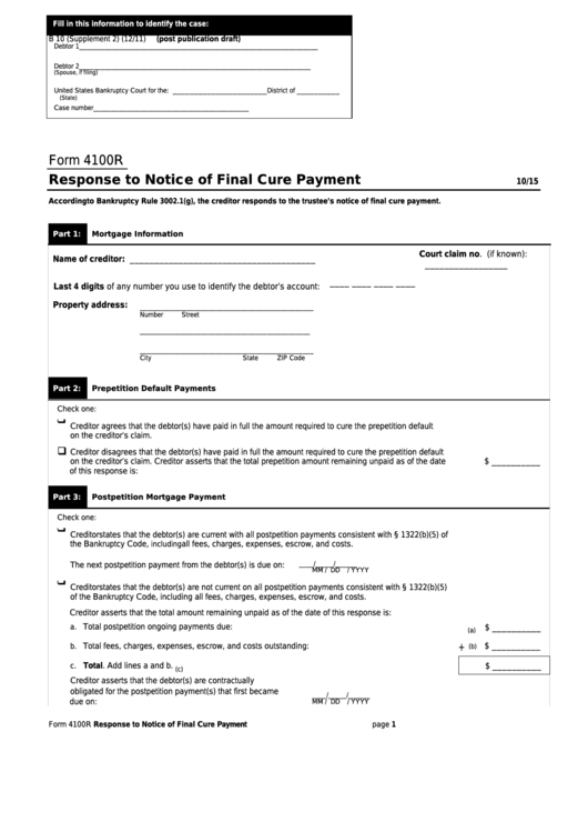 Form 4100r - Response To Notice Of Final Cure Payment Printable pdf