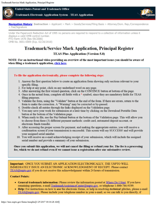 Fillable Pto Form 1478 - Trademark/service Mark Application - Trademark Electronic Application System - Teas Application Printable pdf