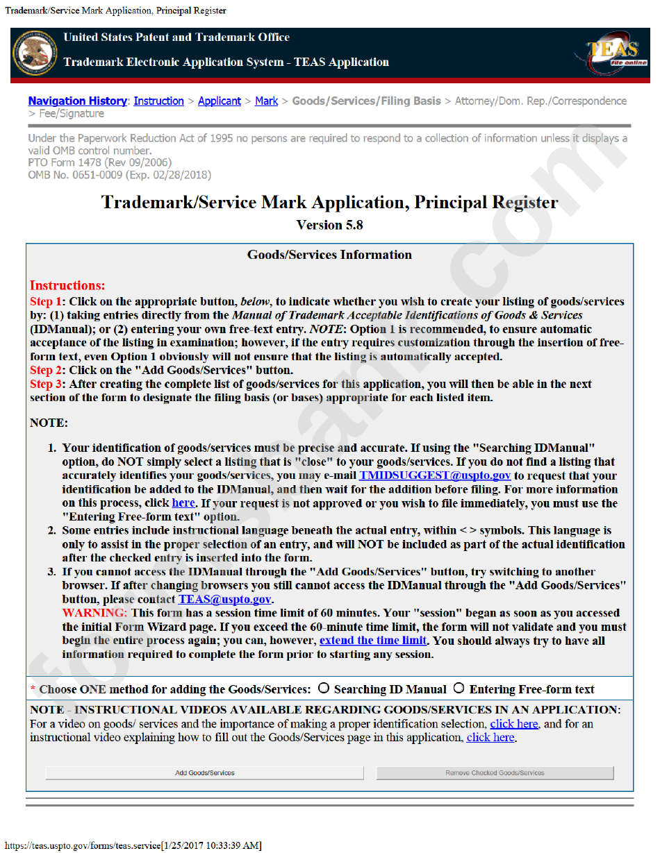 Pto Form 1478 - Trademark/service Mark Application - Trademark Electronic Application System - Teas Application