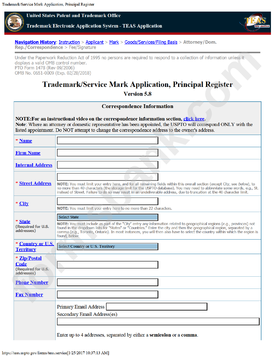 Pto Form 1478 - Trademark/service Mark Application - Trademark Electronic Application System - Teas Application