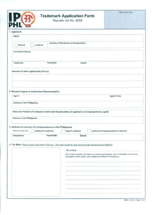 Fillable Form Tm001 Trademark Application Form Printable Pdf Download