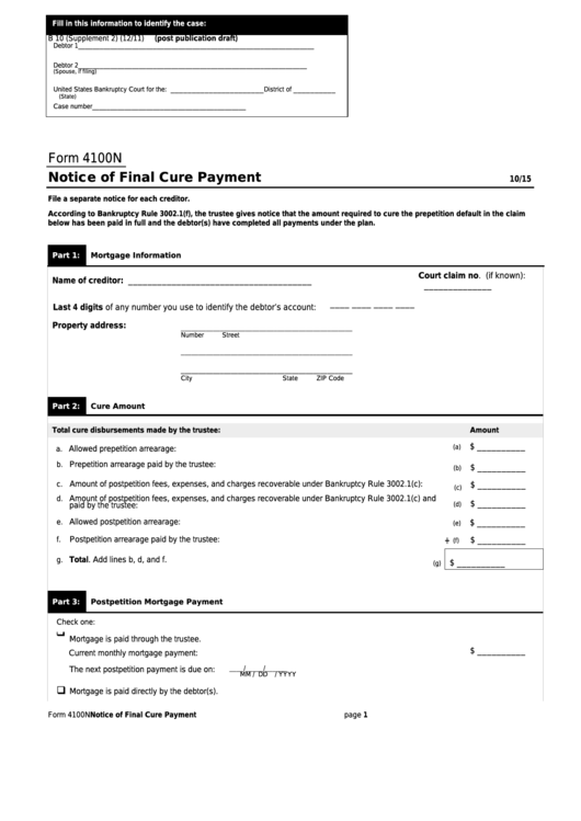 Form 4100n - Notice Of Final Cure Payment Printable pdf