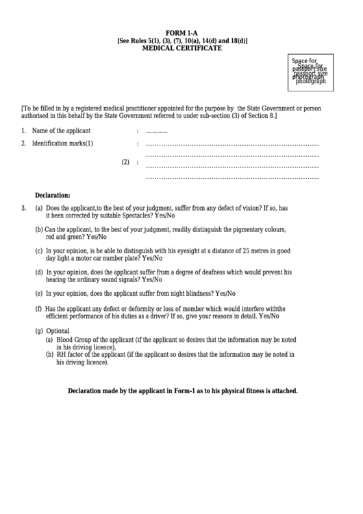 Form 1-A - Medical Certificate Printable pdf